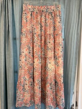 LOFT Coral and Cream Floral Tiered Maxi Skirt